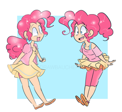 Size: 1577x1451 | Tagged: safe, artist:drawbauchery, imported from derpibooru, pinkie pie, human, alternate hairstyle, clothes, cute, diapinkes, dress, female, humanized, looking at each other, open mouth, ponytail, self paradox, skirt, solo