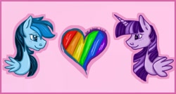 Size: 1024x549 | Tagged: safe, artist:aurasinchaser, imported from derpibooru, rainbow dash, twilight sparkle, alicorn, pegasus, pony, bust, female, gay pride flag, heart, lesbian, portrait, pride, pride flag, shipping, twidash, twilight sparkle (alicorn)