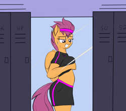 Size: 1800x1600 | Tagged: safe, artist:cosmonaut, artist:pacificside18, imported from derpibooru, scootaloo, anthro, pegasus, admiring, belly, clothes, gym, locker room, lockers, mirror, pregnant, pregnant scootaloo, room, shirt, shorts, showing, sweat