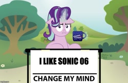 Size: 773x500 | Tagged: safe, artist:aleximusprime, edit, imported from derpibooru, starlight glimmer, pony, marks for effort, :i, change my mind, crossover, debate in the comments, female, meme, obligatory pony, solo, sonic 06, sonic drama, sonic the hedgehog (2006), sonic the hedgehog (series), steven crowder