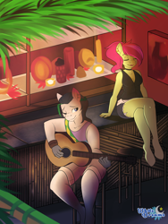 Size: 3000x4000 | Tagged: safe, artist:xwhitedreamsx, imported from derpibooru, oc, oc only, oc:margarite mix, oc:samba volta, anthro, earth pony, unguligrade anthro, acoustic guitar, anthro oc, bar, clothes, commission, ear piercing, eyes closed, female, guitar, male, mare, musical instrument, one eye closed, piercing, shorts, smiling, stallion, stool, voltix