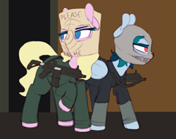 Size: 1485x1179 | Tagged: safe, artist:shinodage, imported from derpibooru, oc, oc only, oc:delta vee, oc:nurse bonesaw, pegasus, pony, clothes, female, gun, mare, mask, robbery, this will end in bank robbery, this will end in jail time, weapon