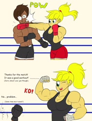 Size: 1620x2146 | Tagged: safe, artist:matchstickman, imported from derpibooru, applejack, oc, human, applejacked, biceps, boxing, boxing gloves, breasts, busty applejack, dialogue, duo, flexing, humanized, knock out, muscles, one eye closed, ponytail, punch, sports, victory, wingding eyes, wink