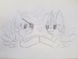 Size: 4032x3024 | Tagged: safe, artist:toonboy92484, imported from derpibooru, rainbow dash, twilight sparkle, alicorn, eyepatch, female, heart, lesbian, pirateworm, shipping, traditional art, twidash, twilight sparkle (alicorn)