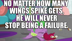 Size: 1280x720 | Tagged: safe, edit, edited screencap, imported from derpibooru, screencap, spike, dragon, marks for effort, abuse, diploma, discussion in the comments, failure, falling, funny, go to sleep garble, image macro, meme, op is a duck, op is trying to start shit, spikeabuse, spikeposting, tripping, truth, winged spike, wings