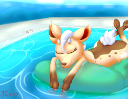 Size: 3300x2550 | Tagged: safe, artist:xerawrapspony, imported from derpibooru, oc, oc only, oc:coffee doe, deer, antlers, cervine, floaty, inflatable, solo, swimming pool, water