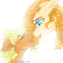 Size: 900x900 | Tagged: safe, artist:castaspellliana, imported from derpibooru, applejack, pear butter, earth pony, pony, eyes closed, female, filly, freckles, mare, mother and daughter, smiling