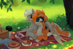 Size: 900x608 | Tagged: safe, artist:rodrigues404, imported from derpibooru, oc, oc only, oc:kiva, oc:snowy, original species, pegasus, pony, robot, robot pony, animated, basket, blushing, couple, cuddling, cute, digital art, female, flower, food, grass, looking at each other, lying down, male, mare, muffin, oc x oc, picnic, picnic basket, picnic blanket, prone, sandwich, shade, shipping, smiling, snowva, stallion, straight