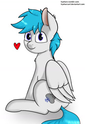 Size: 1815x2631 | Tagged: safe, imported from derpibooru, oc, oc only, oc:snowystratos, pegasus, pony, adorable face, cute, happy, heart, male, simple background, sitting, solo, white background