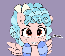Size: 1162x991 | Tagged: safe, artist:pabbley, imported from derpibooru, cozy glow, pegasus, pony, marks for effort, clothes, cozybetes, cute, dialogue, female, filly, freckles, laughing, pure concentrated unfiltered evil of the utmost potency, pure unfiltered evil, simple background, smiling, socks, solo, striped socks