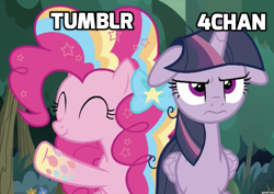 Size: 1280x907 | Tagged: safe, edit, edited screencap, imported from derpibooru, screencap, mean twilight sparkle, pinkie pie, alicorn, earth pony, pony, the mean 6, 4chan, bow, clone, duo, eyes closed, female, floppy ears, hair bow, image macro, mare, meme, rainbow power, tumblr