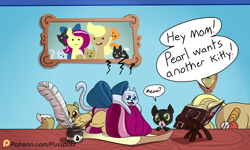 Size: 1200x720 | Tagged: safe, artist:pusspuss, imported from derpibooru, oc, oc:pink pearl, oc:strike zone, cat, pegasus, pony, comic:pearl's daydream, book, bow, comic, dialogue, facedesk, female, incest, ink, male, mare, parchment, picture frame, quill, stallion