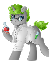 Size: 1024x1285 | Tagged: safe, artist:sk-ree, imported from derpibooru, oc, oc only, oc:test-tube, pony, unicorn, clothes, flask, glasses, lab coat, male, simple background, solo, stallion, transparent background