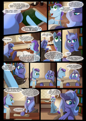 Size: 1240x1754 | Tagged: safe, artist:lunarcakez, imported from derpibooru, princess luna, oc, oc:soliloquy, earth pony, pony, comic:the origins of hollow shades, book, comic, male, s1 luna, stallion