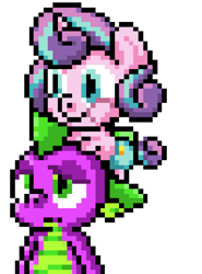 Size: 723x975 | Tagged: safe, artist:sonicboy112, imported from derpibooru, princess flurry heart, spike, alicorn, dragon, pony, game:spike's time off, duo, flurry heart riding spike, pixel art, ponies riding dragons, pony hat, riding, simple background, white background