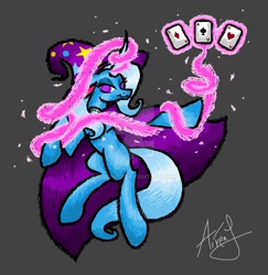 Size: 1024x1052 | Tagged: safe, artist:vidzmod, imported from derpibooru, trixie, pony, unicorn, cape, card, clothes, female, hat, magic, mare, solo, trixie's cape, trixie's hat