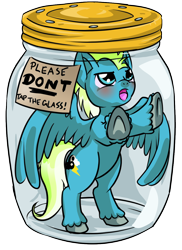 Size: 930x1274 | Tagged: safe, artist:dawnallies, imported from derpibooru, part of a set, oc, oc only, pegasus, pony, blue, blushing, cheeks, cutie mark, don't tap the pony in the jar, falling, fluffy, freefall, glass, green, grumpy, hooves, jar, lid, lightning, male, part of a series, plastic, pony in a bottle, simple background, solo, stuck, transparent background, trapped, upset, white, yell, yelling, yin-yang