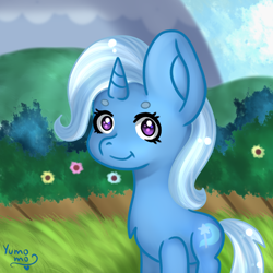 Size: 1400x1400 | Tagged: safe, artist:yumomochan, imported from derpibooru, trixie, unicorn, blue pony, chibi, cute, digital art