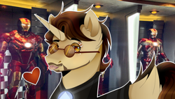 Size: 1024x580 | Tagged: safe, artist:shade4568, imported from derpibooru, pony, unicorn, glasses, iron man, male, ponified, solo, stallion, tongue out, tony stark