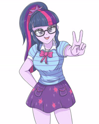 Size: 2598x3248 | Tagged: safe, artist:sumin6301, imported from derpibooru, sci-twi, twilight sparkle, equestria girls, equestria girls series, bowtie, breasts, clothes, cute, female, glasses, hand on butt, looking at you, open mouth, peace sign, ponytail, simple background, skirt, smiling, solo, twiabetes, white background