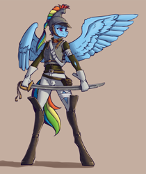 Size: 1018x1211 | Tagged: safe, artist:madhotaru, imported from derpibooru, rainbow dash, anthro, unguligrade anthro, armor, boots, chestplate, clothes, female, gloves, pants, saber, shoes, simple background, solo, spread wings, tan background, uniform, weapon, wings