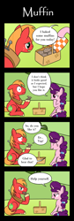 Size: 800x2376 | Tagged: safe, artist:sazanamibd, imported from derpibooru, big macintosh, sugar belle, earth pony, pony, unicorn, 4koma, comic, female, food, male, mare, muffin, picnic blanket, stallion