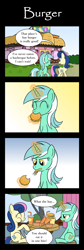 Size: 800x2376 | Tagged: safe, artist:sazanamibd, imported from derpibooru, bon bon, lyra heartstrings, sweetie drops, earth pony, pony, unicorn, 4koma, burger, butt, comic, drink, female, food, hay burger, magic, mare, plot, what the hay?