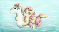 Size: 1024x557 | Tagged: safe, artist:kotyasha13, imported from derpibooru, fluttershy, pegasus, pony, cute, female, filly, inflatable, inflatable toy, looking at you, pool toy, riding, shyabetes, solo, swimming, water