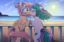 Size: 2600x1700 | Tagged: safe, artist:verawitch, imported from derpibooru, oc, oc only, oc:seafoam, oc:sweet skies, pegasus, pony, beach, blushing, cute, duo, female, kissing, lesbian, mare, oc x oc, ocbetes, shipping