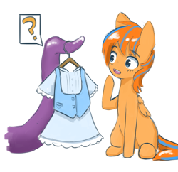 Size: 1465x1417 | Tagged: safe, artist:pezzhippo, imported from derpibooru, oc, oc only, oc:cold front, pegasus, pony, clothes, clothes hanger, cute, dress, generosity, happy, question mark, sitting, tail, tentacles, that stallion sure does love dresses, wings