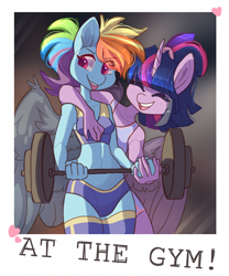 Size: 1000x1200 | Tagged: safe, artist:hiccupsdoesart, deleted from derpibooru, imported from derpibooru, rainbow dash, twilight sparkle, alicorn, anthro, pegasus, clothes, cute, dashabetes, duo, eyes closed, female, gym, midriff, polaroid, smiling, sports bra, twiabetes, twilight sparkle (alicorn), weight lifting, workout