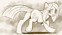 Size: 1920x1075 | Tagged: safe, artist:pencils, imported from derpibooru, marble pie, earth pony, pony, butt, female, frown, looking back, mare, monochrome, plot, solo