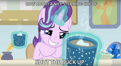 Size: 2880x1569 | Tagged: safe, edit, edited screencap, imported from derpibooru, screencap, starlight glimmer, pony, marks for effort, chocolate, empathy cocoa, female, food, guidance counselor, hot chocolate, image macro, levitation, magic, marshmallow, meme, solo, telekinesis, vulgar