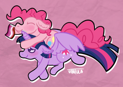 Size: 900x636 | Tagged: safe, artist:vantula, imported from derpibooru, pinkie pie, twilight sparkle, alicorn, earth pony, pony, blushing, duo, eyes closed, female, flag, lesbian, lesbian pride flag, mare, mouth hold, pink background, pride, shipping, simple background, twilight sparkle (alicorn), twinkie