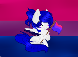 Size: 1054x768 | Tagged: safe, artist:blueskysilversong, imported from derpibooru, oc, oc only, pegasus, pony, abstract background, bisexual pride flag, bisexuality, colored wings, colored wingtips, flag, hoof hold, pride, sitting, solo