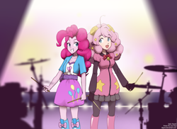 Size: 3331x2420 | Tagged: safe, artist:digiral, imported from derpibooru, pinkie pie, human, equestria girls, crossover, drummer, drums, duo, eyestrain warning, moa, musical instrument, show by rock!!