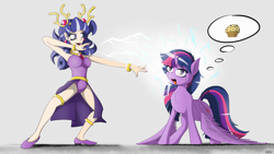 Size: 7600x4275 | Tagged: safe, artist:maneingreen, imported from derpibooru, twilight sparkle, alicorn, stantler, absurd resolution, armpits, brainwashed, derpified, food, magic, mind control, muffin, swirly eyes, tongue out, twilight sparkle (alicorn), witch