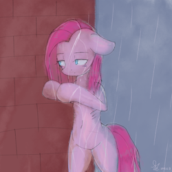 Size: 2000x2000 | Tagged: safe, artist:yunyeyoung, imported from derpibooru, pinkie pie, semi-anthro, belly button, female, pinkamena diane pie, rain, solo