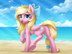 Size: 1200x900 | Tagged: safe, artist:scheadar, imported from derpibooru, oc, oc only, oc:bay breeze, pegasus, pony, beach, bow, commission, female, hair bow, looking at you, mare, solo, tail bow, underhoof