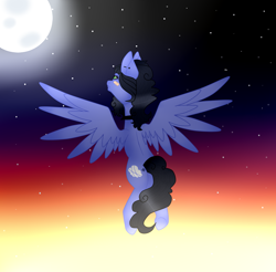 Size: 1406x1386 | Tagged: safe, artist:cindydreamlight, artist:cindystarlight, imported from derpibooru, oc, oc only, oc:justly sky, oc:skiu, pegasus, pony, female, flying, mare, moon, solo, twilight (astronomy)