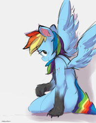 Size: 2000x2550 | Tagged: safe, artist:mtcerber, imported from derpibooru, rainbow dash, anthro, hengstwolf, werewolf, bite mark, blood, blushing, bra, clothes, female, paws, smiling, solo, transformation, underwear