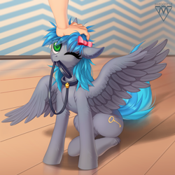 Size: 1300x1300 | Tagged: safe, artist:margony, imported from derpibooru, oc, oc only, oc:key turner, human, pegasus, pony, bow, collar, colored pupils, commission, cute, digital art, eye clipping through hair, femboy, hair bow, hand, leash, looking up, male, mouth hold, one eye closed, pet play, petting, pony pet, room, signature, sitting, solo, spread wings, stallion, wings, ych result