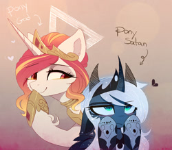 Size: 1508x1320 | Tagged: safe, artist:magnaluna, imported from derpibooru, princess celestia, princess luna, alicorn, pony, alternate universe, curved horn, cute, cutelestia, female, heart, lunabetes, mare, royal sisters, siblings, simple background, sisters, smiling