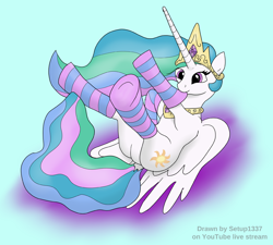 Size: 1000x898 | Tagged: safe, artist:setup1337, imported from derpibooru, princess celestia, alicorn, pony, clothes, digital art, female, lying down, mare, signature, socks, solo, striped socks