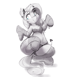 Size: 1300x1500 | Tagged: safe, artist:mtcerber, imported from derpibooru, fluttershy, semi-anthro, blushing, clothes, costume, devil costume, female, grayscale, monochrome, sketch, socks, solo, wide hips