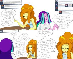 Size: 2000x1600 | Tagged: safe, artist:jake heritagu, imported from derpibooru, adagio dazzle, aria blaze, comic:aria's archives, equestria girls, clothes, comic, duo, duo female, female, fork, implied sonata dusk, table