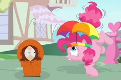 Size: 1096x729 | Tagged: safe, artist:porygon2z, imported from derpibooru, pinkie pie, earth pony, human, pony, crossover, hat, kenny dies again, kenny mccormick, pinkie sense, south park, this will end in death, umbrella hat