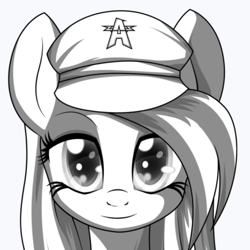 Size: 566x567 | Tagged: safe, artist:an-m, imported from derpibooru, oc, oc only, oc:aryanne, pony, aryan pony, black and white, bust, female, general deathshead, grayscale, hat, long hair, looking at you, monochrome, nazi, nazi hat, profile picture, smiling, solo, wolfenstein, wolfenstein the new order