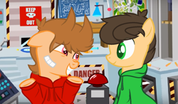 Size: 1024x597 | Tagged: safe, artist:shinybrony, imported from derpibooru, earth pony, pony, big red button, edd, edd gould (eddsworld), eddsworld, ponified, tord, tord (eddsworld)