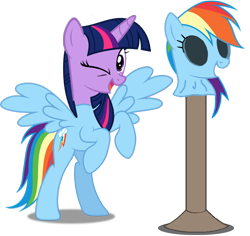 Size: 850x801 | Tagged: safe, edit, imported from derpibooru, rainbow dash, twilight sparkle, alicorn, pony, bodysuit, clothes, disguise, downvote bait, mask, masking, one eye closed, pony costume, ponysuit, rainbow dash suit, rearing, simple background, skinsuit, transparent background, twilight sparkle (alicorn), wink